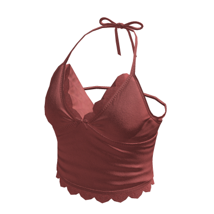 Ruched Halter Top with Ruffle Trim (Red)