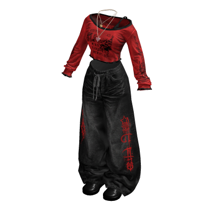 Red Preppy Top w/ Jeans Girl Outfit / 02