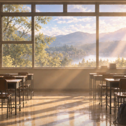 Sunny School Classroom Mountain Anime Background