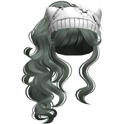 White Cat Beanie Y2K Curly Ponytail Hair Green Roblox item