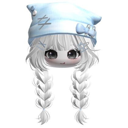🍀Cute Girl Braided w/Cat Beanie(White&Blue) Roblox item