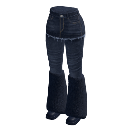 Distressed Flared Jeans Skirt Fur Boots (Blue)