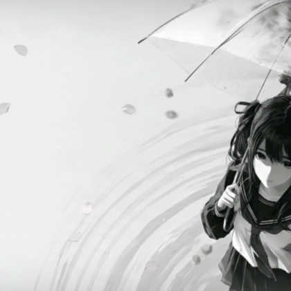 Sad Sakura Emo Anime Girl Rain Umbrella Puddle