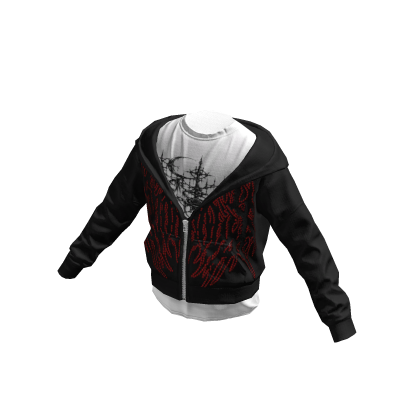 Layered Half Zipped Up Hoodie Black Red Print
