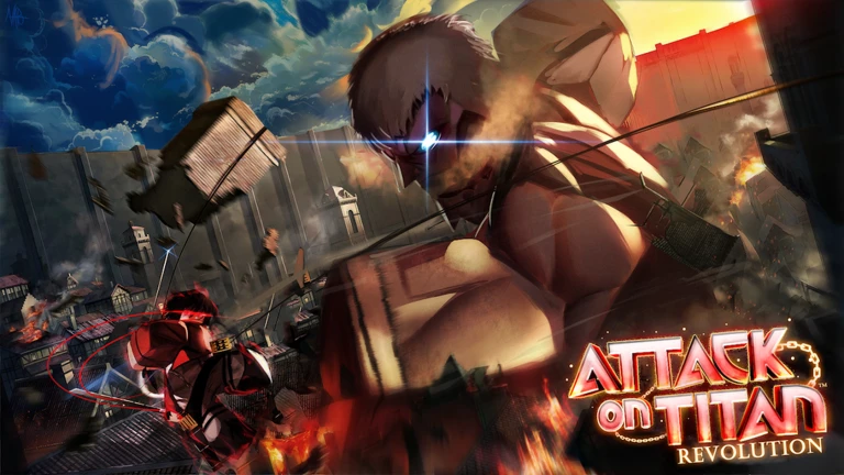 ภาพพรีวิวทางการ Attack on Titan Revolution: ตัวละครร่างใหญ่มีดวงตาเรืองแสงอยู่เหนือเมืองที่มีควันและไฟ มีตัวละครขนาดเล็กพร้อมเส้นแสงสีแดงด้านล่างซ้าย