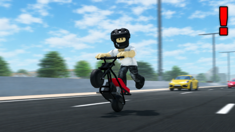 Promotional art: a Roblox rider in a black helmet holds a wheelie on a black and red mini bike on a highway, with a yellow sports car behind and a red exclamation mark in the corner