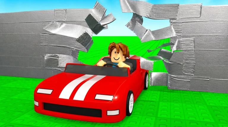 ภาพโปรโมต Cars VS Tape: รถเปิดประทุนสีแดงขับผ่านช่องกำแพงเทปที่ฉีกขาด