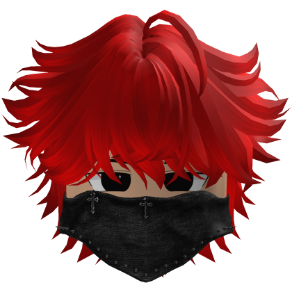 messy fluffy anime hair with a Y2K mask (Red)