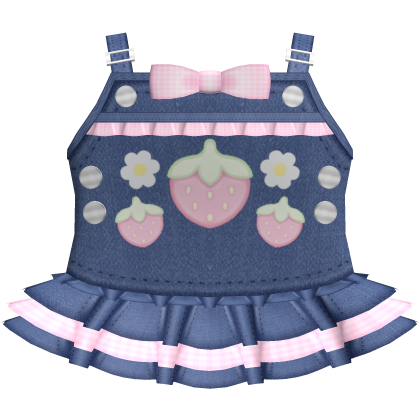 𖹭◞ cute pink strawberry denim overall dress ! ! 