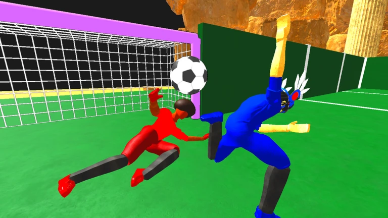 ภาพพรีวิวทางการ Realistic Street Soccer: ผู้เล่นชุดแดงและชุดน้ำเงินกำลังพุ่งเข้าหาลูกฟุตบอลหน้าประตูสีม่วงบนสนามสีเขียว