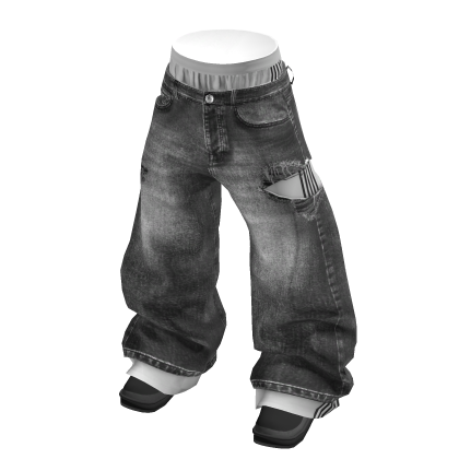 💗Y2K DOUBLE-LAYER RIPPED BAGGY JEANS_GREY/WHITE thumbnail