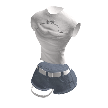 Y2K Ribbon Graphic Crop w/ Jean Shorts | White✔️