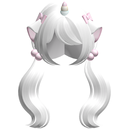 cute white wavy pigtails w/cat ears and horn Roblox item