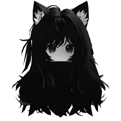 Black Messy Anime Girl Cat Hair w/ Emo Cute Face