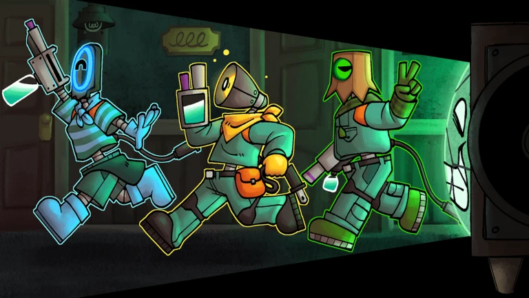 Clean Crew Roblox characters moving through a neon green corridor with cleaning and survival gear
