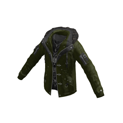 Gothic Jacket w/ Fur Hood & Cross Chain (Green)
