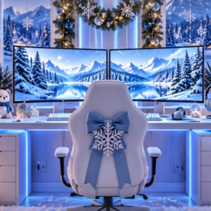 Christmas white blue gaming room winter girly