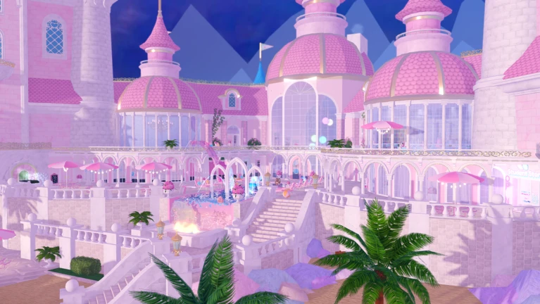 ภาพทางการ Royale High แสดงอาคารแฟนตาซีสีชมพูขาวและลานน้ำพุ