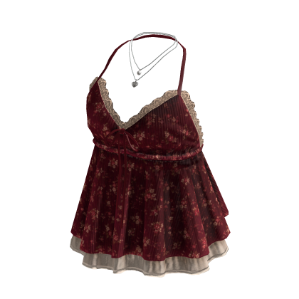 Floral Lace Trim Babydoll Top (Burgundy)