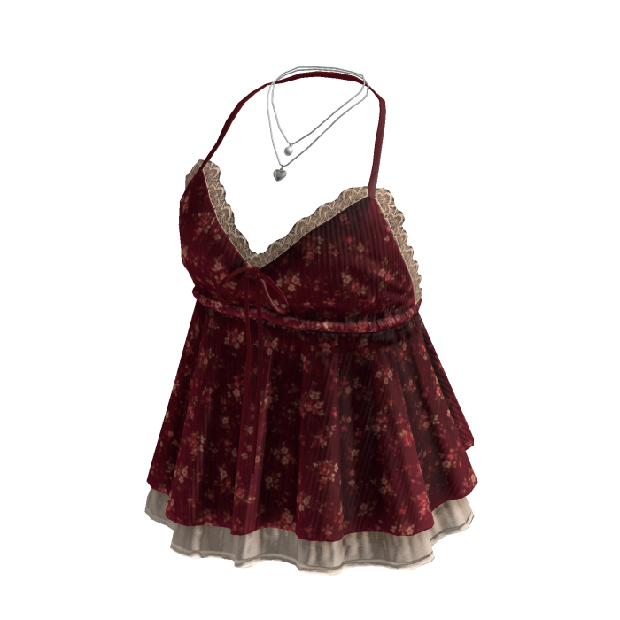 Floral Lace Trim Babydoll Top (Burgundy)