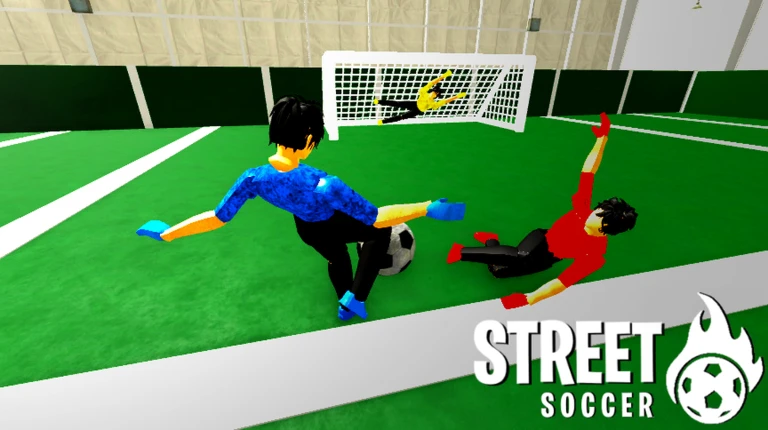ภาพพรีวิวทางการ Realistic Street Soccer: ผู้เล่นชุดน้ำเงินดำเหวี่ยงขาใกล้ลูกฟุตบอล ขณะที่ผู้เล่นชุดแดงดำล้มอยู่ข้างสนามและมีผู้รักษาประตูด้านหลัง