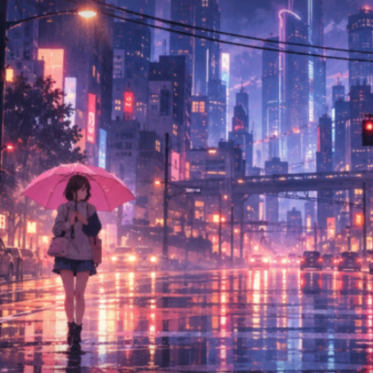 Tokyo at Night Girl Anime Cyberpunk Background