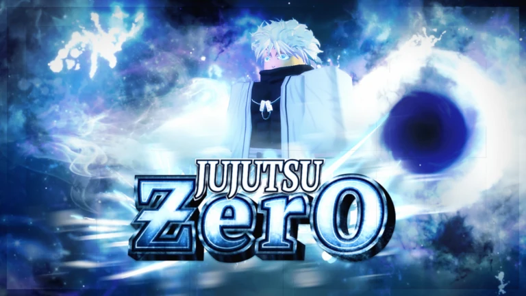 ภาพพรีวิวทางการ Jujutsu: Zero: ตัวละครผมสีขาวยืนอยู่ระหว่างแสงสีฟ้ากับวงกลมสีดำ โดยมีโลโก้เกมด้านหน้า