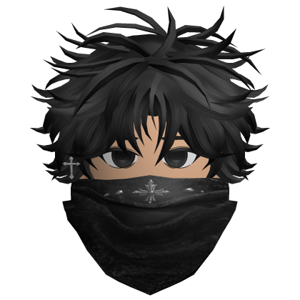 Black Messy Emo Hair w/ Cross Bandana Mask