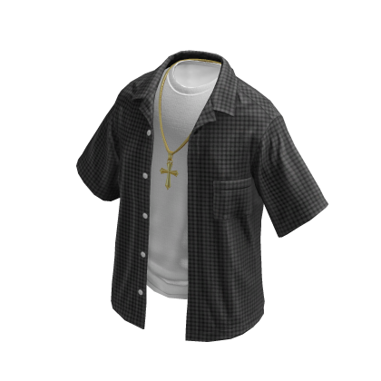 Layered Open Shirt Plaid Grey w/ Gold Cross Chain