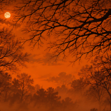 Evil Halloween Tree Canopy Orange Sky Background