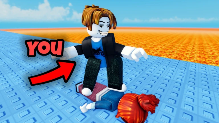 ภาพพรีวิวทางการ TROLL Hug Tower: ตัวละคร Roblox ผมสีน้ำตาลนั่งอยู่บนตัวละครผมสีแดงที่นอนบนพื้นสีน้ำเงิน โดยมีพื้นที่ลาวาสีส้มอยู่ด้านหลัง พร้อมข้อความ YOU และลูกศรสีแดง
