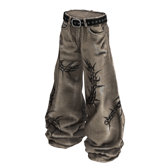 Tan Gothic Centipede Distressed Denim