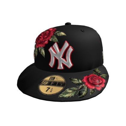 NYC Black Rose Embroidery Fitted Cap | Tilted