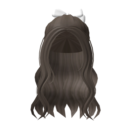 Dull brown long wavy hair ponytail w a preppy bow Roblox item