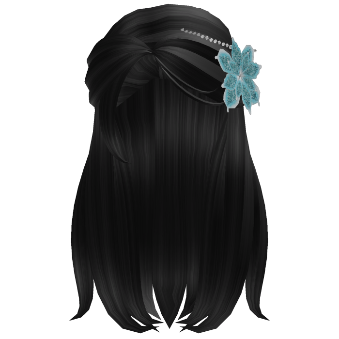 Long Black Straight Hair w/ Flower & Bow