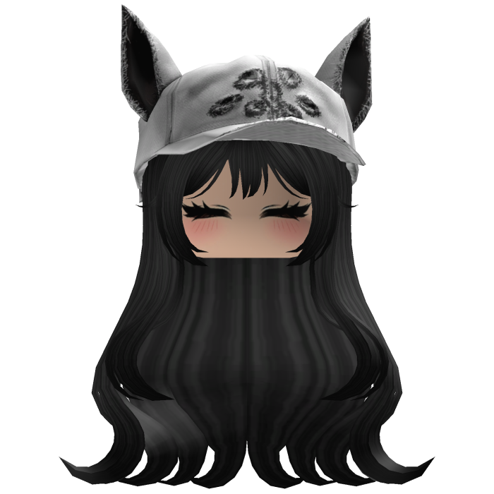 Fluffy emo black gray hair white cat cap y2k