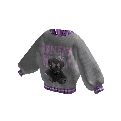 ✨Oversized grey bear sweater purple plaid thumbnail