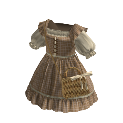 Cottagecore Picnic Girl Dress w/ Basket Bag Beige