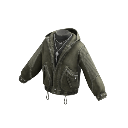 Y2K Grunge Bomber Jacket w/ Hood & Chain (Green)