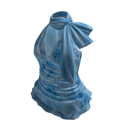 Satin Bow Halter Ruffle Top (Blue)