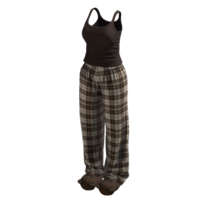 Stylish Brown Plaid Pyjama Set w Bear Slippers