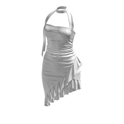 White Ruffled Elegant Asymmetric Halter Dress thumbnail