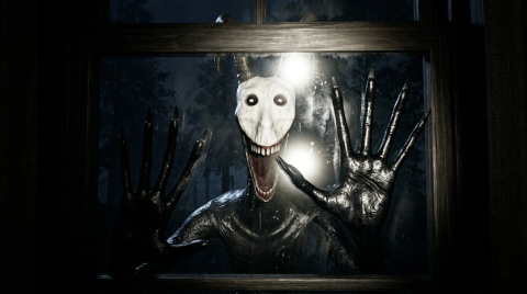 Official promotional art: the pale-faced horned creature presses its hands against a window at night.