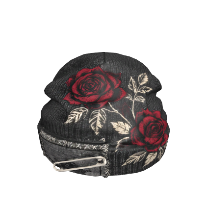 Black red rose denim beanie