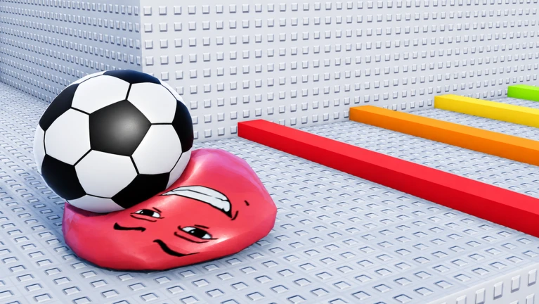 ภาพโปรโมตทางการ Squishy Ball Tower แสดงลูกบอลสีแดงถูกลูกฟุตบอลกดแบนใกล้แถบสิ่งกีดขวาง
