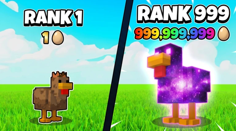 ภาพพรีวิวทางการ Chicken Farm แบบแบ่งสองฝั่ง ด้านซ้ายมีไก่สีน้ำตาลใต้ข้อความ RANK 1 และเลข 1 ข้างรูปไข่ ด้านขวามีไก่เรืองแสงสีม่วงใต้ข้อความ RANK 999 และเลข 999,999,999 ข้างรูปไข่