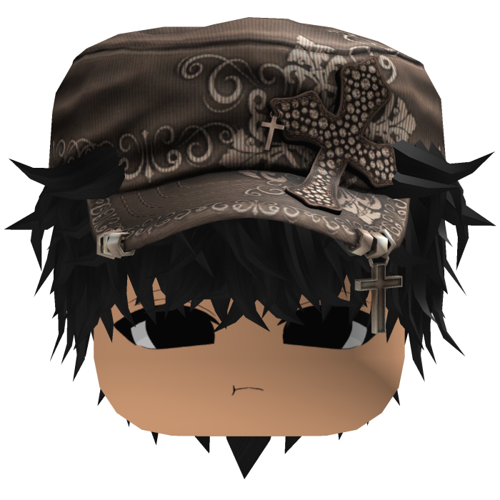 Black Messy Anime Hair w/ Brown Cadet Cap