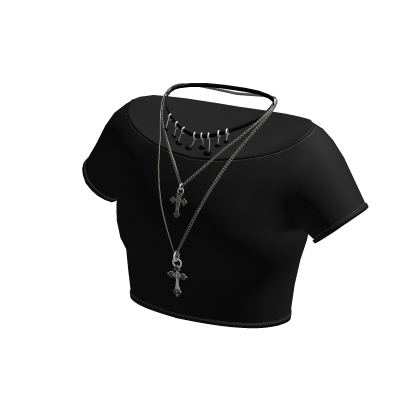 Black Crop Top w/ Choker & Layered Cross Necklaces