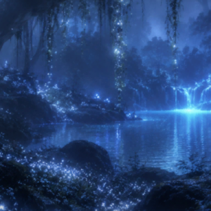 Ethereal Blue Forest Glowing Lake Night Background