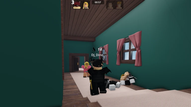 ภาพเกมทางการ Murderers VS Sheriffs DUELS: มุมมองบุคคลที่สามกำลังเล็งคู่ต่อสู้ในทางเดิน มีตัวละครหนึ่งตัวล้มอยู่และมีคะแนนกับเวลา